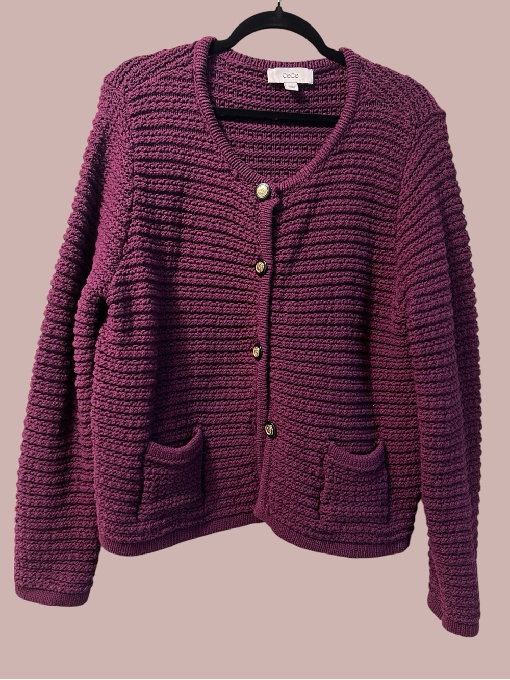 CeCe Plum Heavy Cotton Knit Crest Button Lady Jacket Cardigan Size L